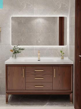 新中式橡木一24235体瓷盆地式浴室柜智能红镜柜陶组合洗漱落池台