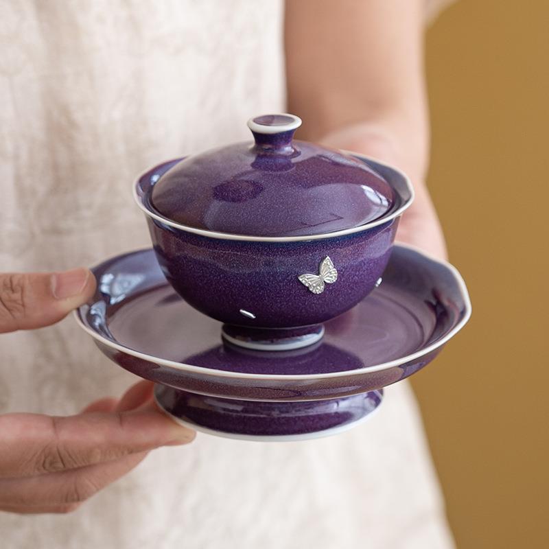 紫钧釉三才盖碗茶杯小号泡茶碗功夫茶具带盖陶瓷家用器锔钉梅花