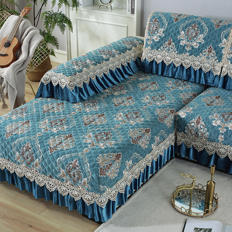 雪尼尔沙发垫防滑四季通用蓝色欧式布艺加厚客厅坐垫靠背巾套裙边