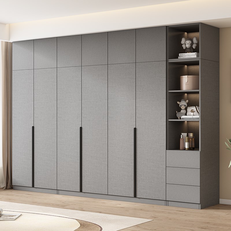 实木平开门衣柜家用m卧室柜子生态板奶油灰对开四五六门大衣橱定