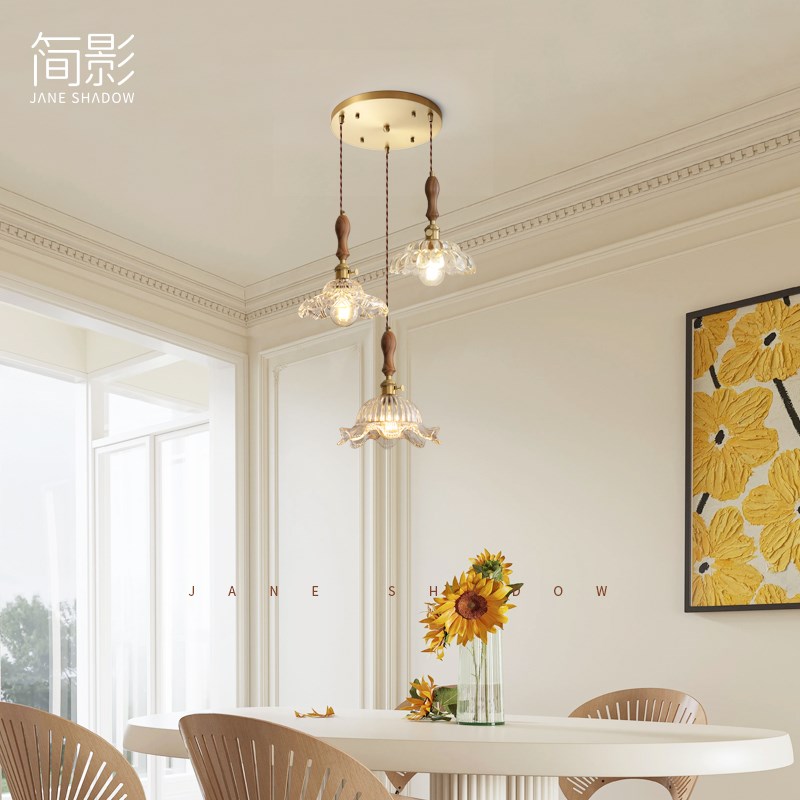 日式复古三头组合l吊灯餐厅法式中古田园实木玻璃黄铜橱窗吧台灯