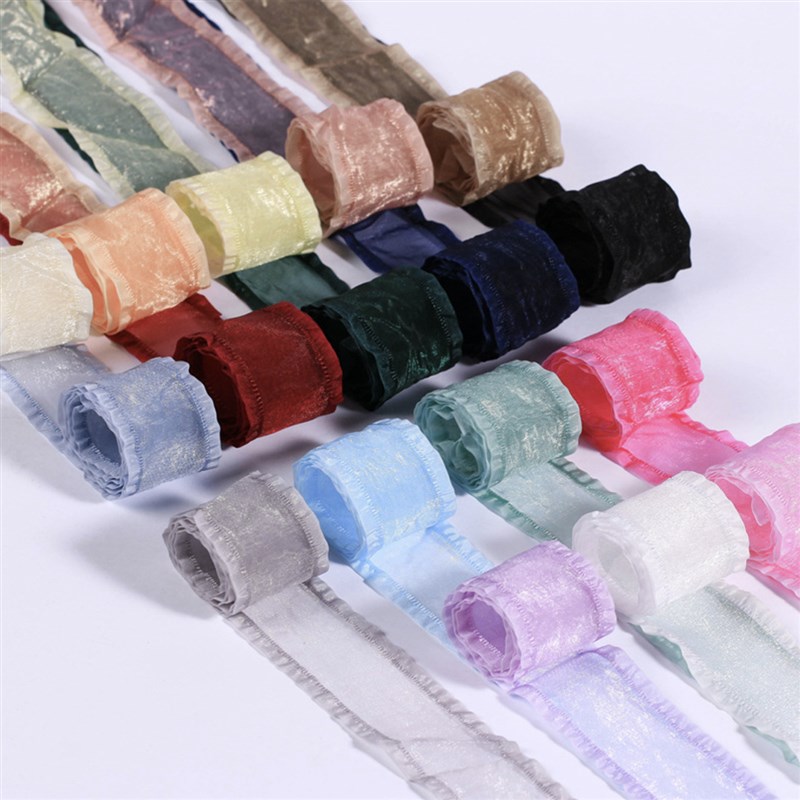 25/40mm韩版织带双裙边雪纱丝带diy材料包装发饰双褶皱荷叶边带