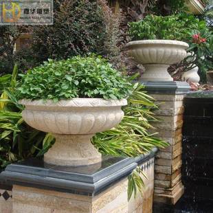 汉白玉摇钱树石盆钵仿古石做旧头盆BRE石雕花盆庭院景小观花盆景