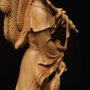 正宗70小叶黄杨木载雕渔家姑娘满归而摆雕件实木精工艺品