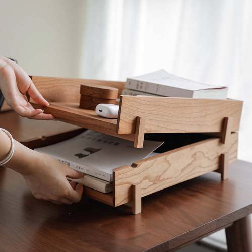 木质文收件架文桌面整办理盘可堆叠托盘公室文IGE件信封件杂志纳