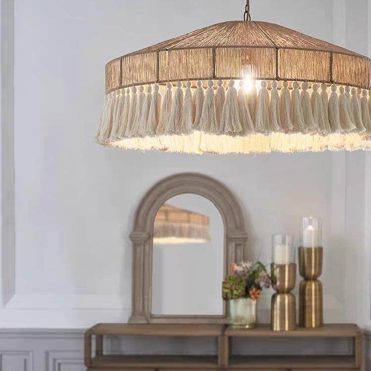 波西米亚古麻绳流苏吊灯意奶油风卧室餐厅灯吸顶创灯诧寂TQS复风