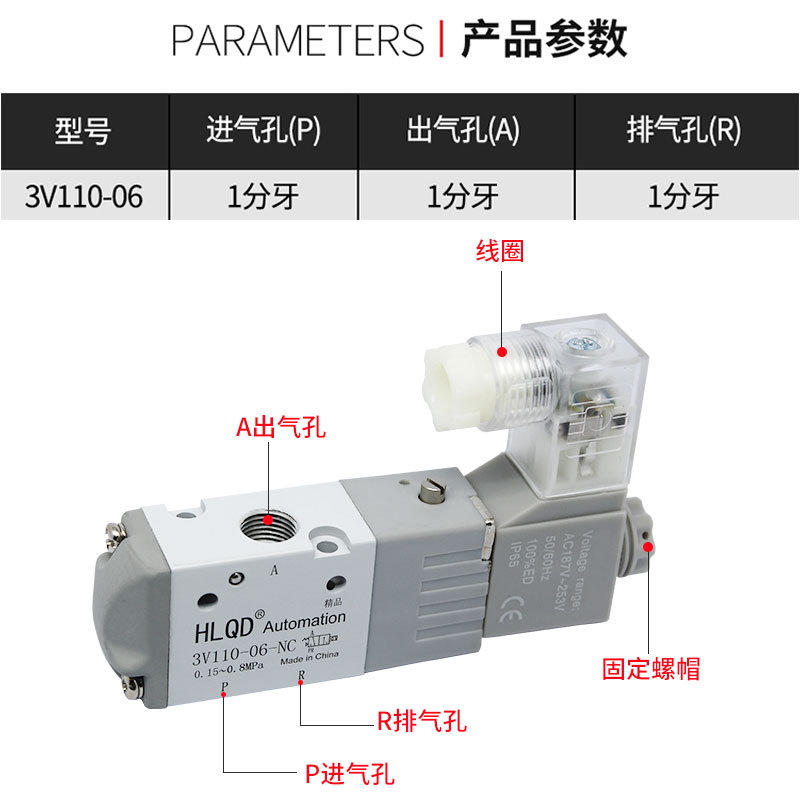 3V110-06电磁阀二位三通24V气缸换向气阀电阀220V电磁控制阀12V