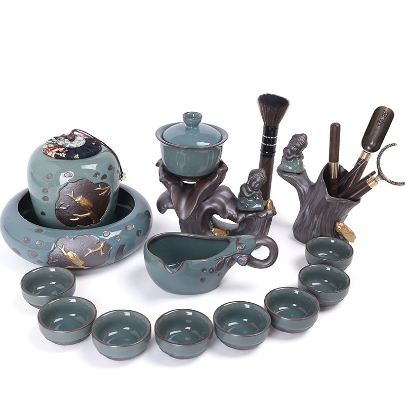 不烫手功夫茶具套装家用哥窑茶滤懒人半自动旋转出水茶壶泡茶神器