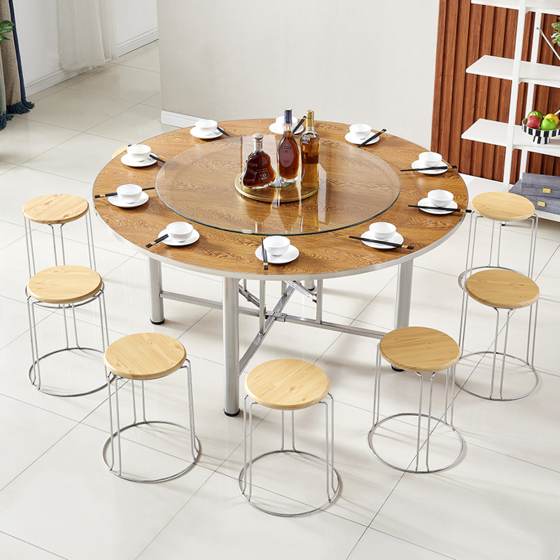 新款加厚圆桌家用简易餐桌餐厅饭店食堂带转盘杉木圆形折叠桌10人