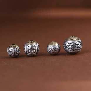 金鹿王 S925银复古哑光泰银 如意回文铜银结合大小版桶珠配件