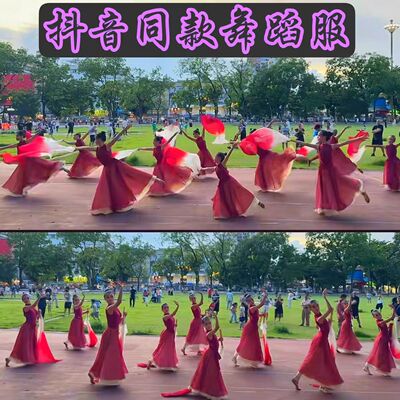 光亮儿童扇子舞蹈演出服中国红古典双层大摆裙女童卜卦现代舞练功