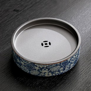 老陶泥青花茶盘沥水干泡台小型家用功夫茶几迷你储水壶承圆形托盘