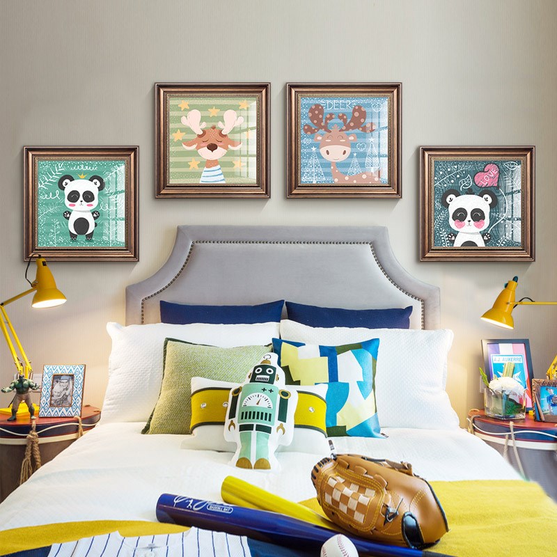 美式卡通墙面装饰画男女孩卧室床头清新挂画儿童房壁画背景墙画图片