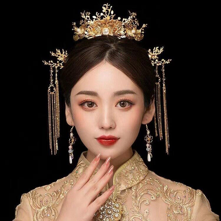 新娘秀禾头饰金色凤冠中式结婚古发饰