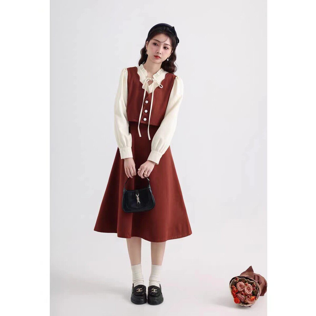 衬衫拼接假两件连衣裙春秋大码法式覆古收腰中长款V领高级感裙子