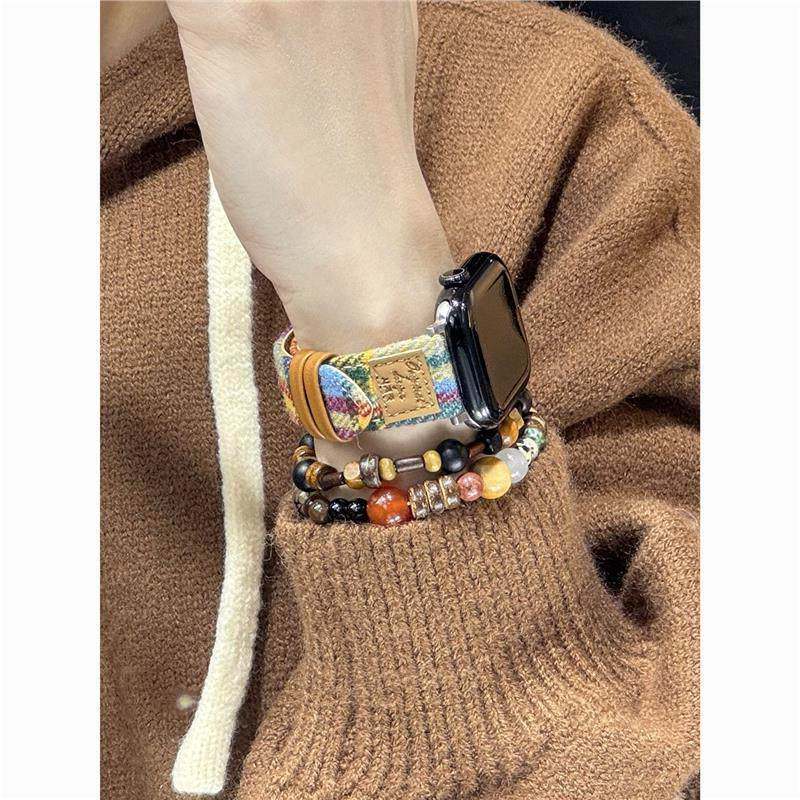 秋冬彩色毛呢韩系格纹皮质表带适用苹果手表Applewatch1110987se6