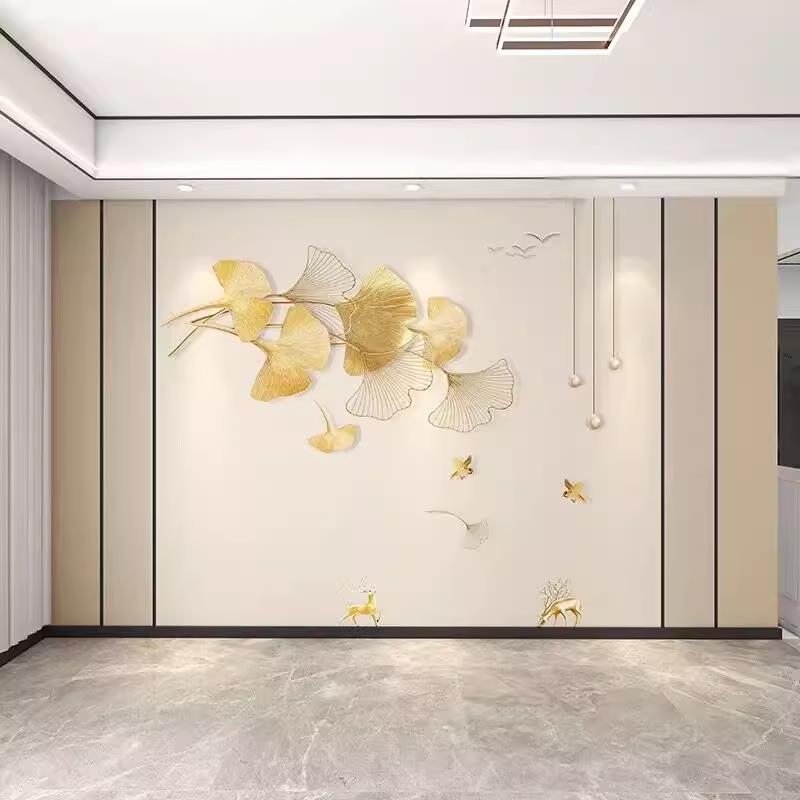 北欧电视背景墙壁纸装饰现代简约金色银杏叶卧室床头墙纸客厅壁画图片