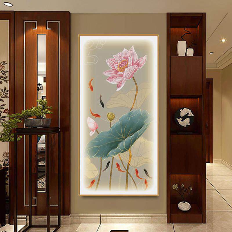 入户玄关带灯晶瓷挂画走廊过道LED发光荷花高档装饰画竖版新中式