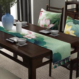桌旗桌布茶几餐桌电视柜新中式床旗荷花亚麻搭布防尘布布艺桌巾