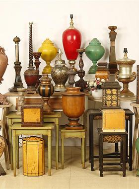 复古怀旧树脂实木手绘台灯灯座家居客厅桌面玄关创意设计装饰摆放