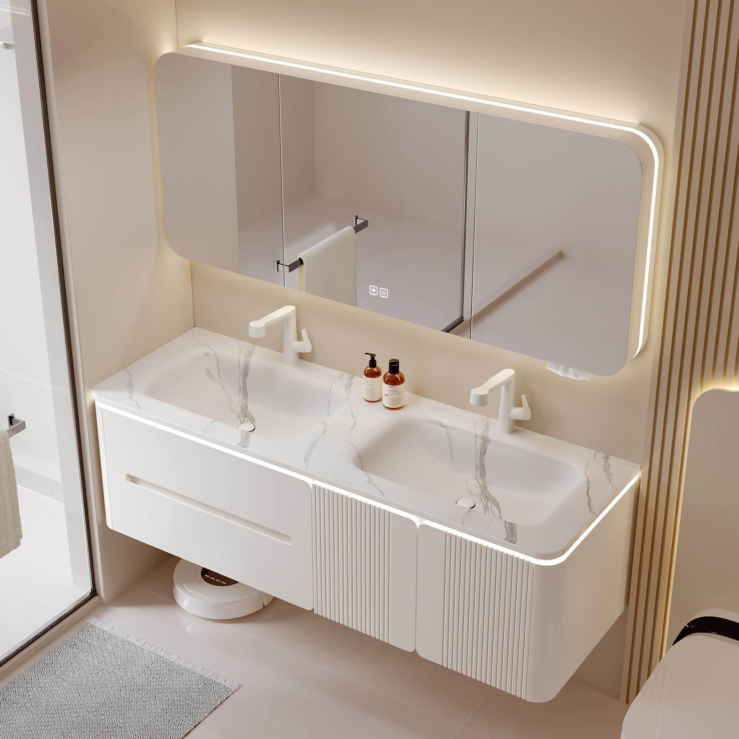 浴室柜岩板热弯一体化妆室无缝陶瓷双槽洗脸盆洗手洗脸柜组合橡木