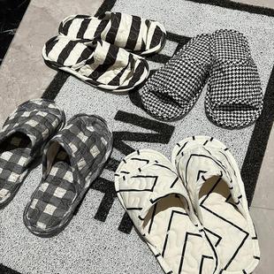 室内家居男女防滑软底鞋 黑白情侣拖鞋 子布艺静音地板一字拖双层底