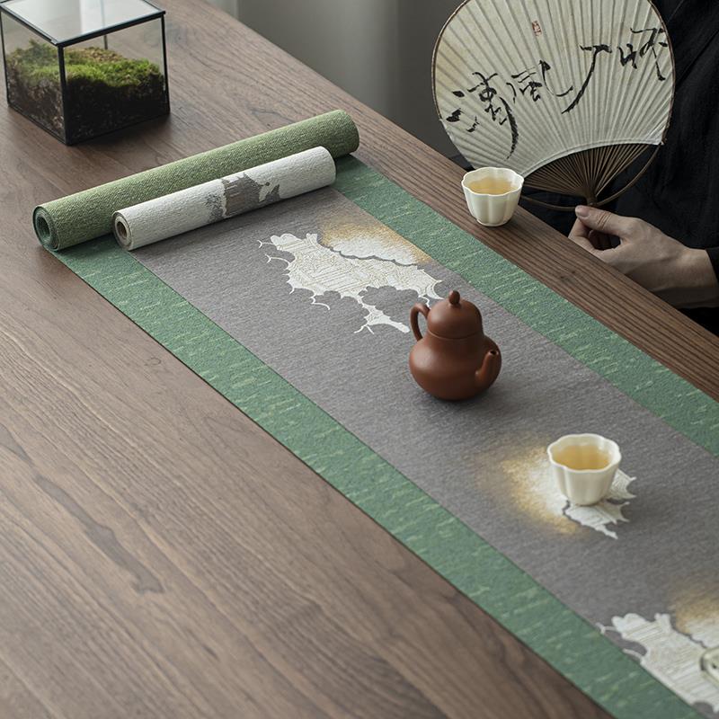 中式云中亭茶席禅宗桌旗防水日本纤维织物长桌布干泡沫桌席