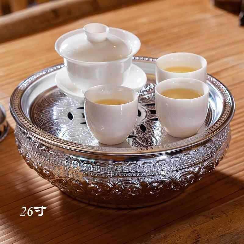 26寸泰国纯手工铝茶盘中式潮汕功夫茶盘茶具圆型小巧家用茶盘