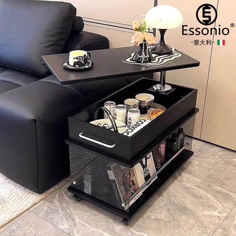 ESSONIO全实木可移动边几阳台茶几小推车轻奢岩板升降沙发边柜