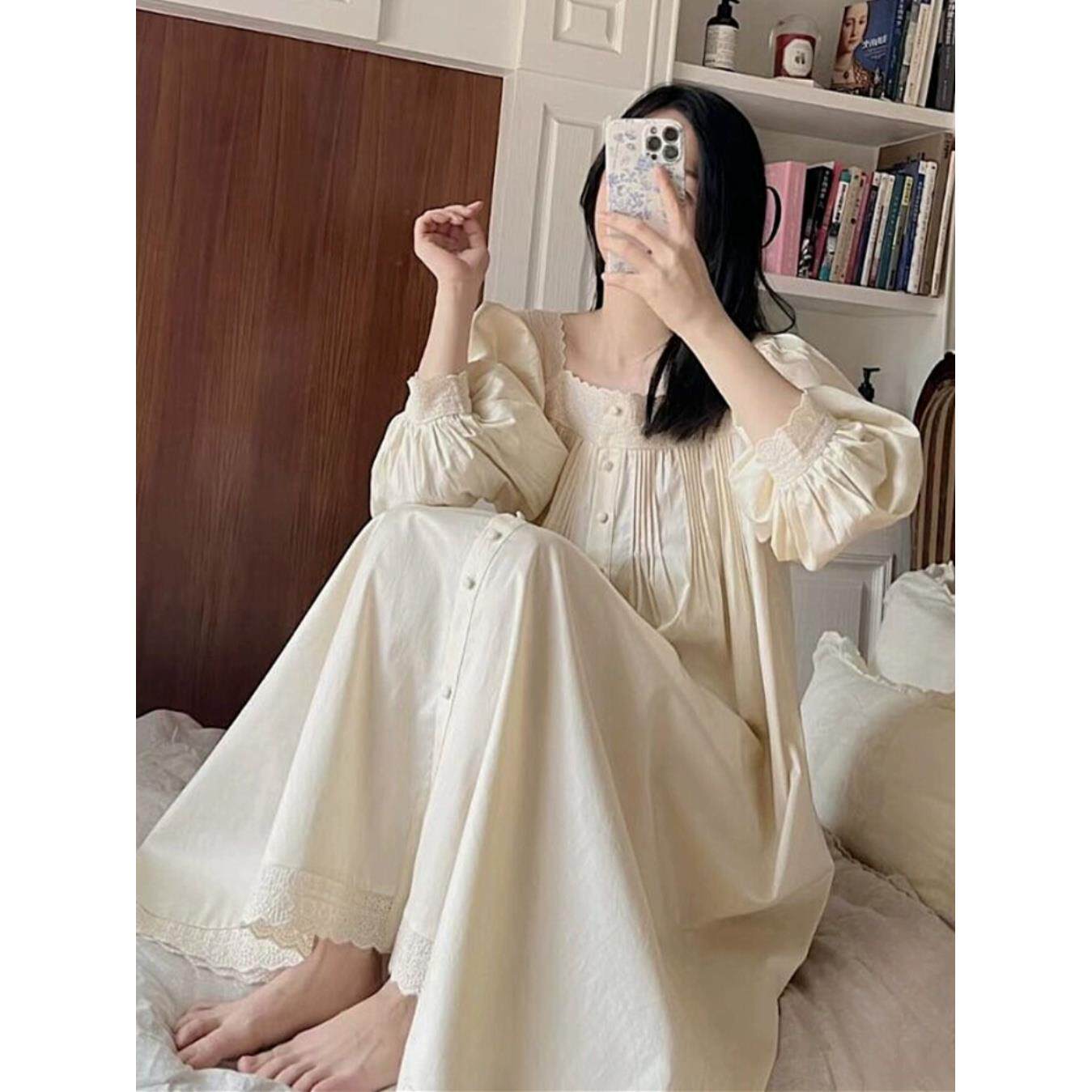 法式赫本风睡裙高级感纯棉长袖宫廷公主风长款过膝睡衣春秋家居服