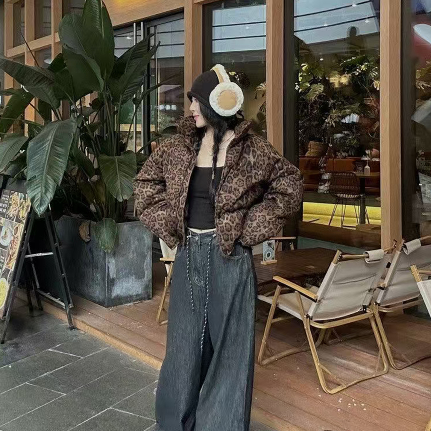 豹纹短款羽绒服立领加厚保暖