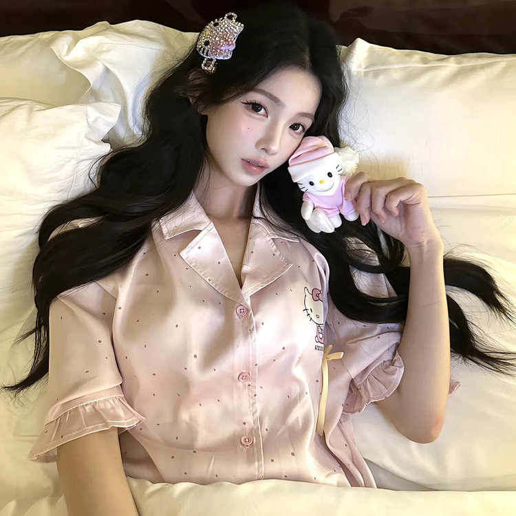 卡通KT印花真丝睡衣甜美可爱风高级感长袖长裤可外穿家居服两件套,女士内衣/男士内衣/家居服,睡衣/家居服套装,淘宝优惠券,粉丝福利购,淘宝优惠卷