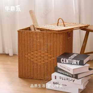 LX075收纳筐带盖收纳箱仿藤手工浅咖色客厅宿舍家用脏衣篮44