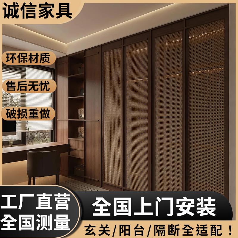 藤编门屏风隔断实木折叠门透气鞋柜门衣柜门室内储物间门藤编柜门
