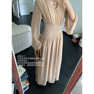 PRASE吕噜噜【午后庄园】夏季微胖显瘦雪纺长袖精致收腰连衣裙女