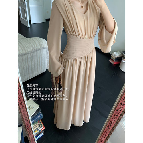 PRASE吕噜噜【午后庄园】夏季微胖显瘦雪纺长袖精致收腰连衣裙女