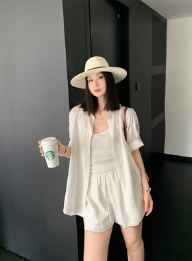 PRASE吕噜噜【色彩图鉴】夏季微胖显瘦休闲衬衫百搭短裤套装女