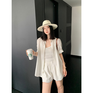 PRASE吕噜噜【色彩图鉴】夏季微胖显瘦休闲衬衫百搭短裤套装女