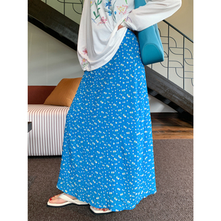 PRASE吕噜噜【蓝色碎片】夏季显瘦气质花边高腰碎花A字半身裙女