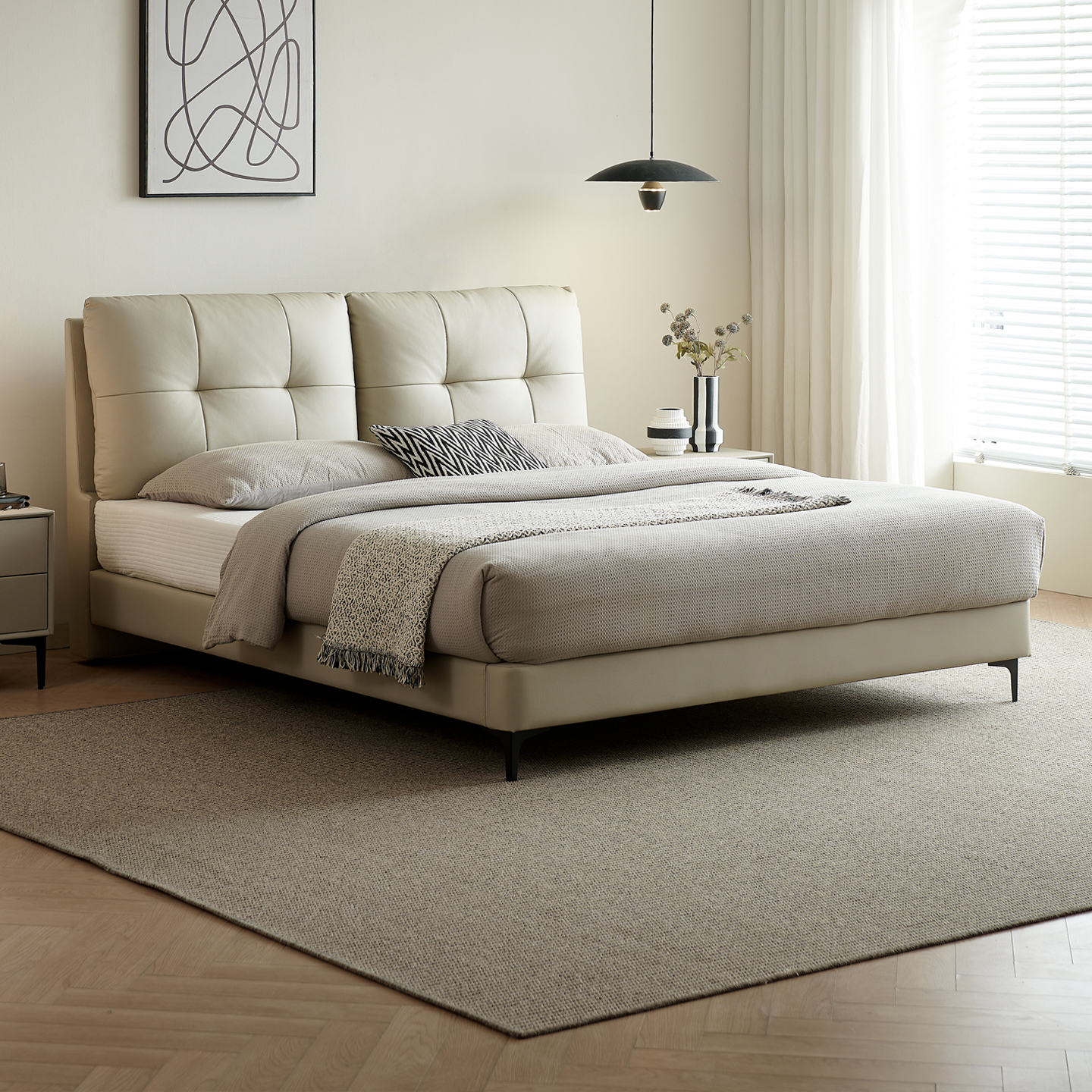 欧派现代简约软包真皮床