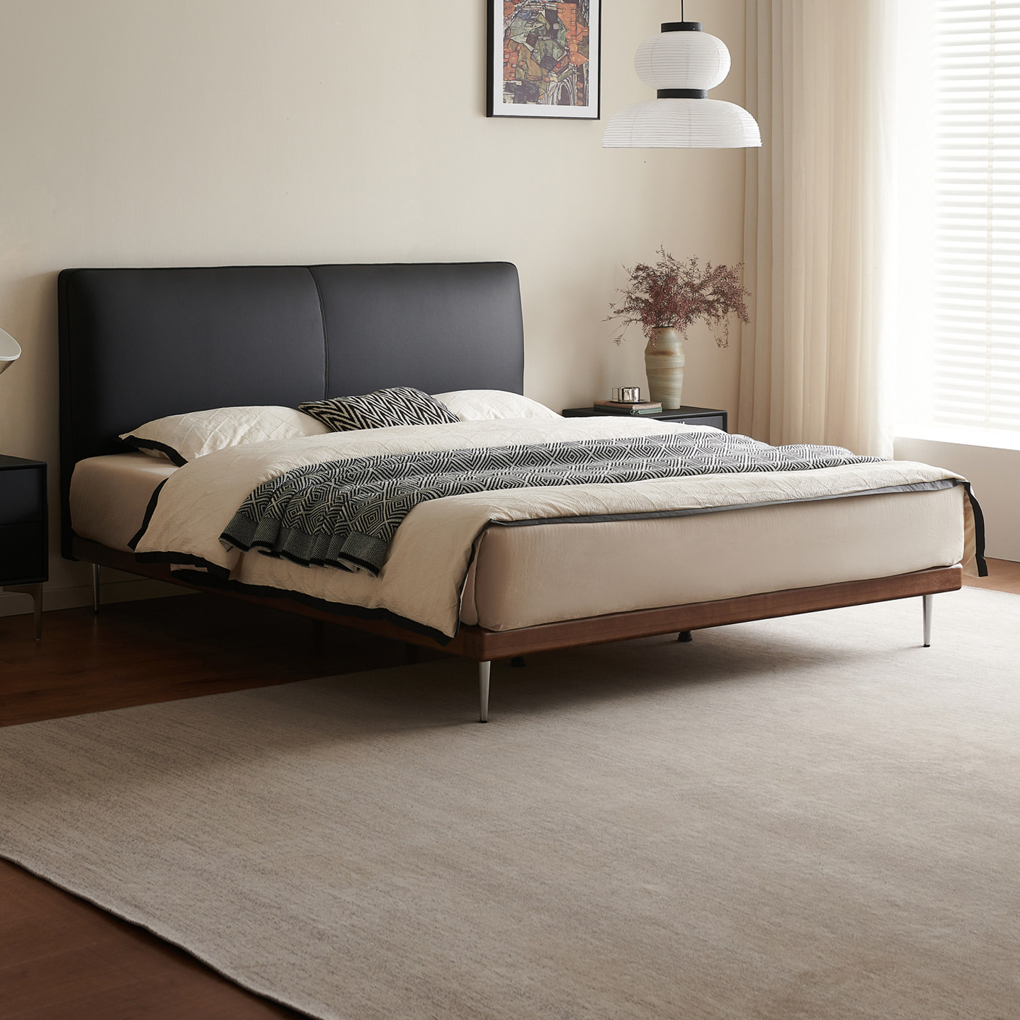 欧派家具意式极简实木边1.8米真皮床现代简约豆腐块小户型卧室床