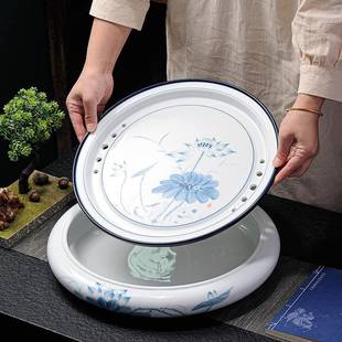 轻奢羊脂玉圆瓷储陶花瓷形青瓷茶台14英寸手14英寸羊绘扁茶盘水简