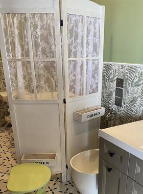 #田园复古折叠屏风纱帘进门实木玄关隔断花架橱窗镂空服装店落地