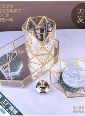 大六角圆柱化妆桌面笔刷桶玻璃透明收纳盒欧式防尘美妆整理架珍珠