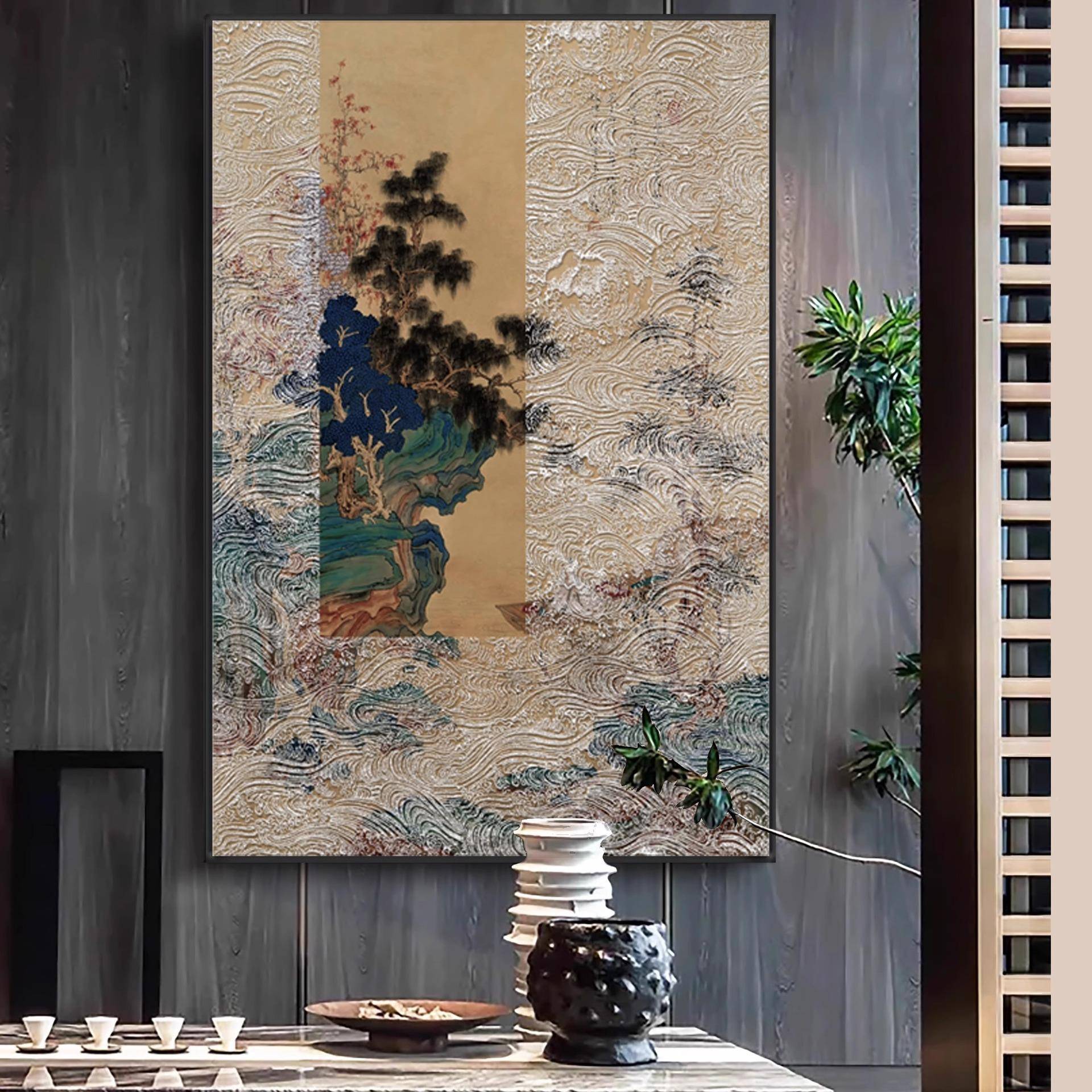 入酒户关档山水肌理挂画店客餐IUK厅高别墅新中式玄浮雕轻奢装饰图片