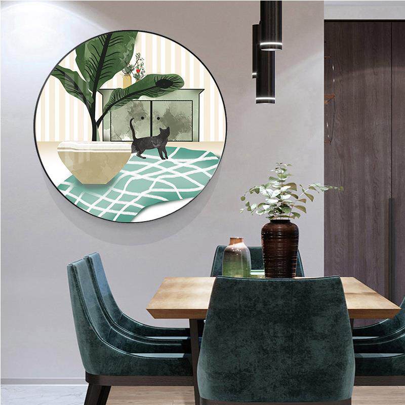 现代简约可爱画生猫咪沙发背景装饰创意圆形清新猫餐厅猫的生活的