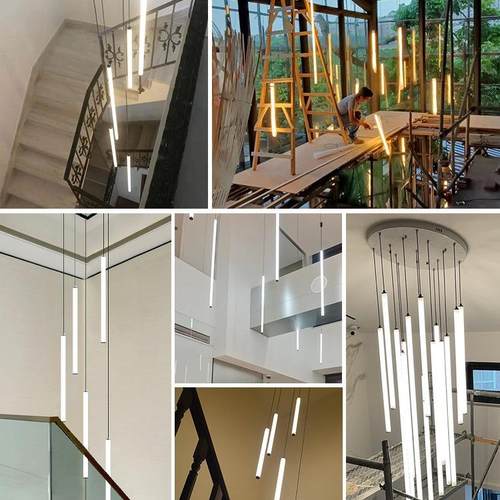 别993墅设lof复式楼楼梯高大厅挑跃t层长吊灯现代简约圆柱计前台