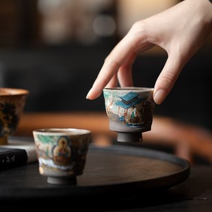 柴烧茶杯手绘敦煌经变图高端岩矿粉引主人全手工功夫品茗杯单杯