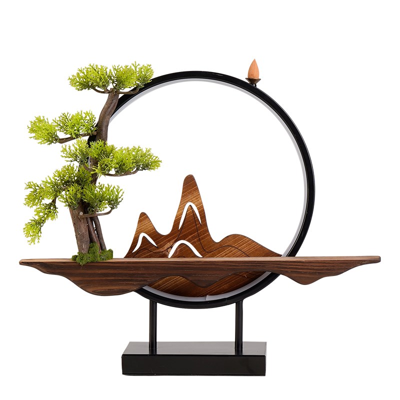 新中式倒流香摆件铁艺可发光灯圈家居客厅玄关办公室风化实木底座