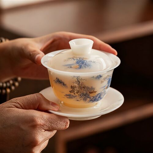 璞玉瓷可悬停盖碗陶瓷三才碗薄胎白瓷泡茶碗不烫手敬茶碗茶具套装